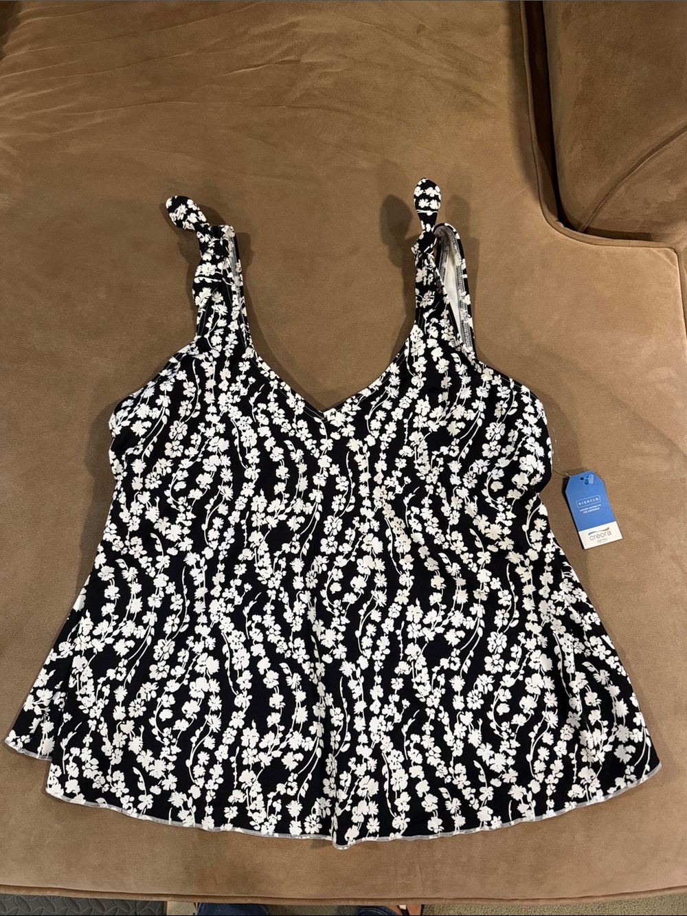 Lands' End Black & White Floral Tie-Shoulder Tank